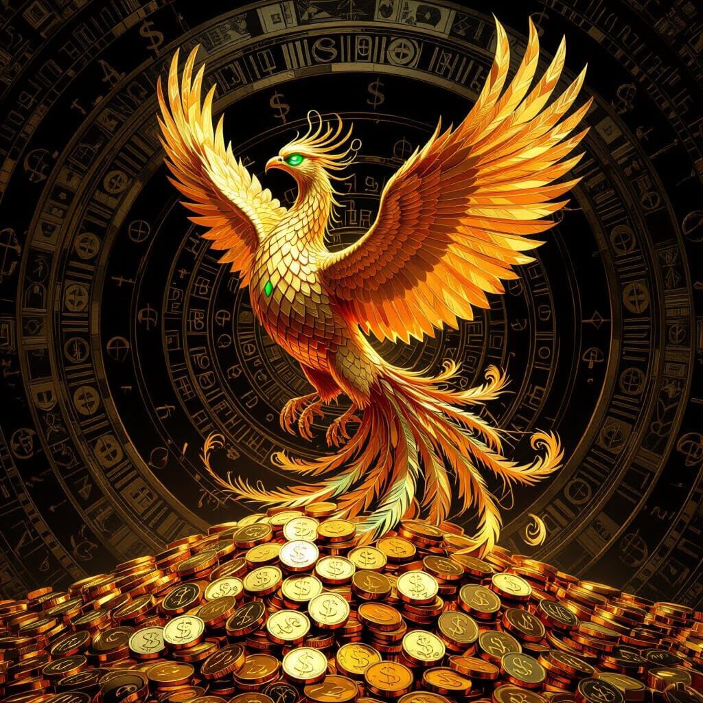 Majestic Phoenix Rises from Gold, Feathers of Banknotes