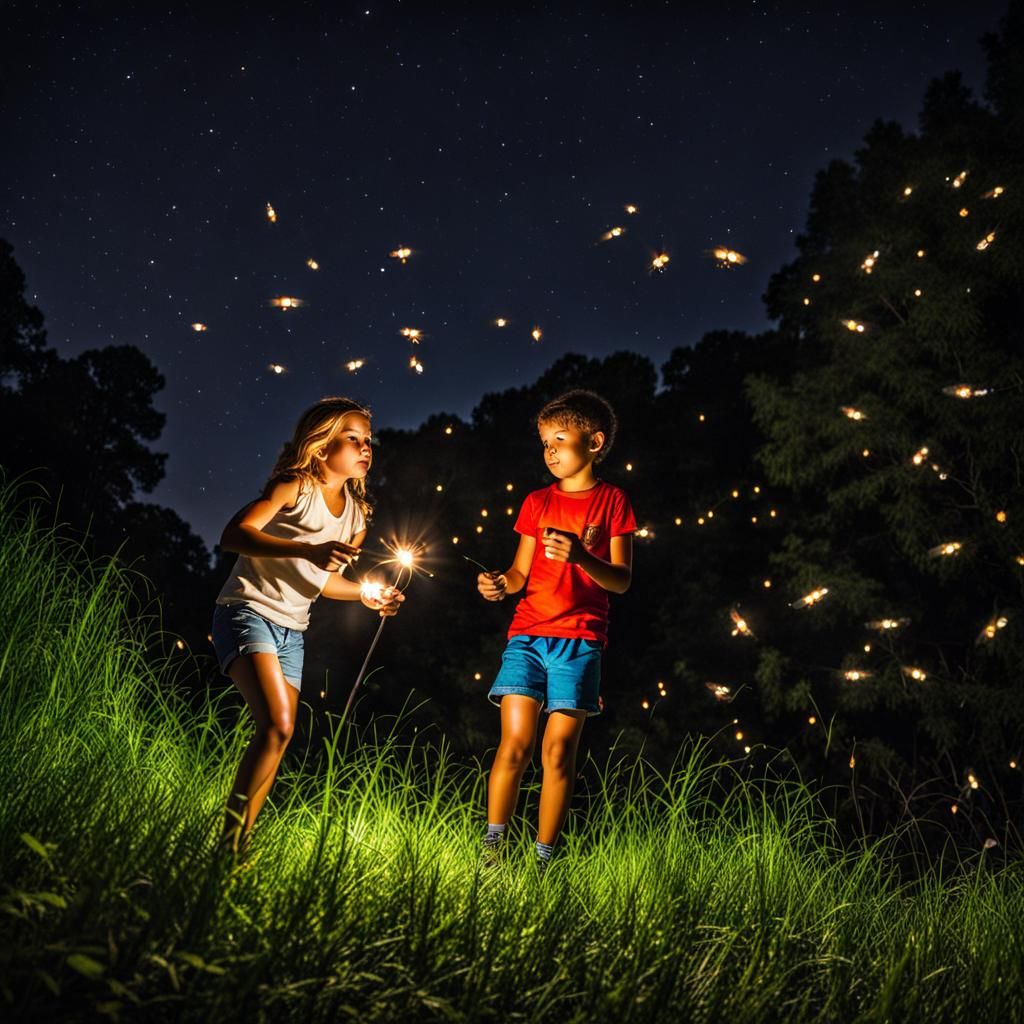 Kids Catching Fireflies on Summer Night