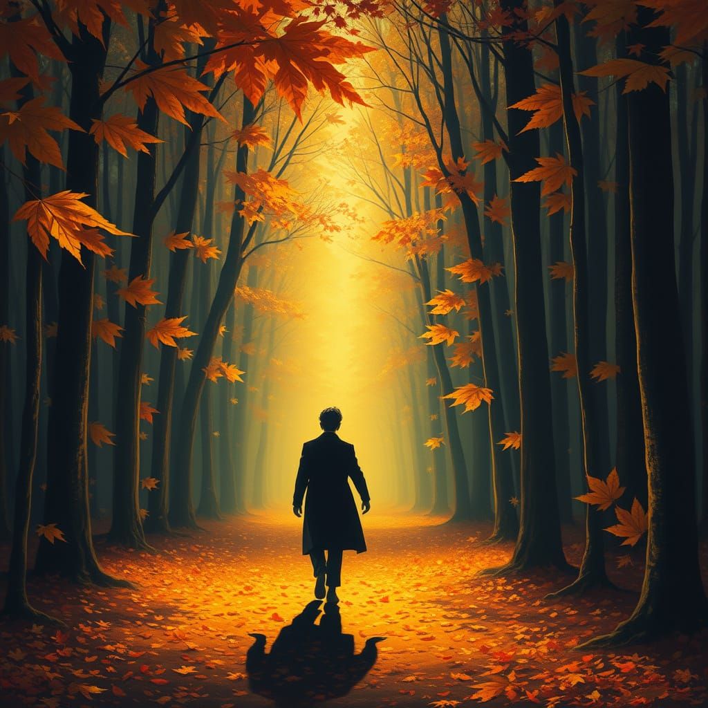 Surrealist Shadow Walker in Autumnal Forest