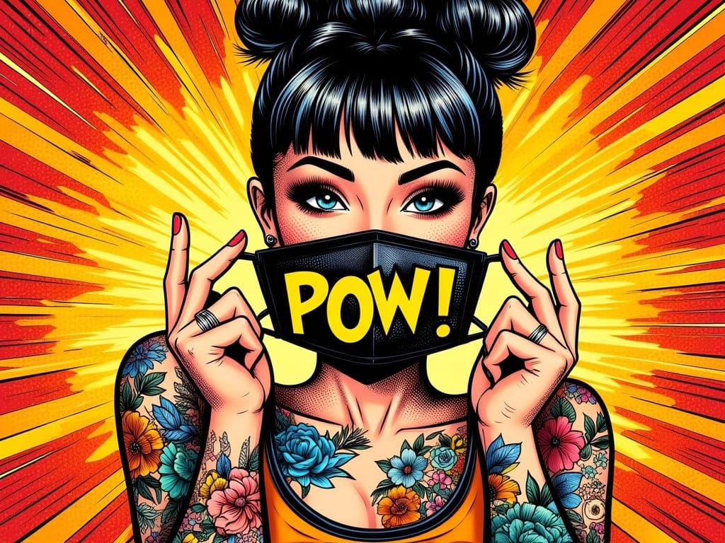 Comic Book Style Pop Art with a Bold, Masked Heroine