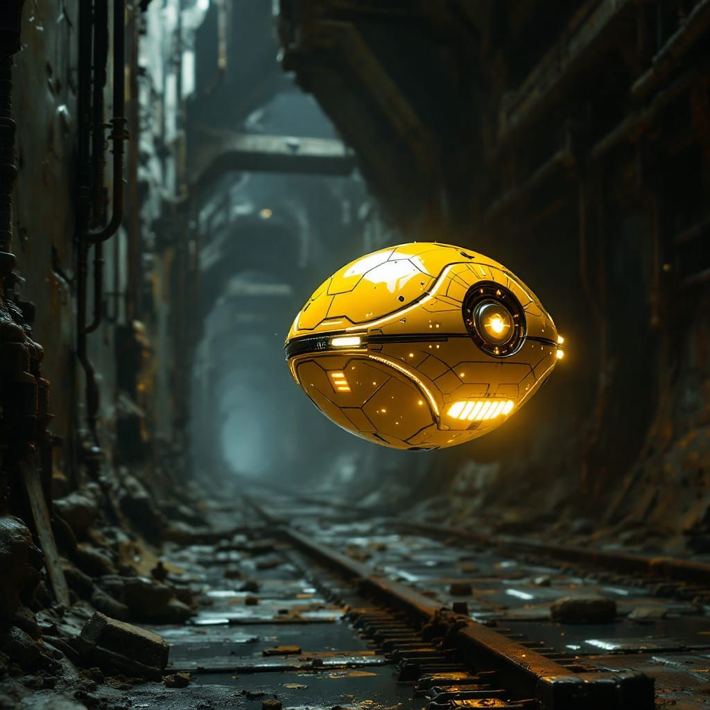 Futuristic Yellow AI Probe in Ancient Underground Ruin