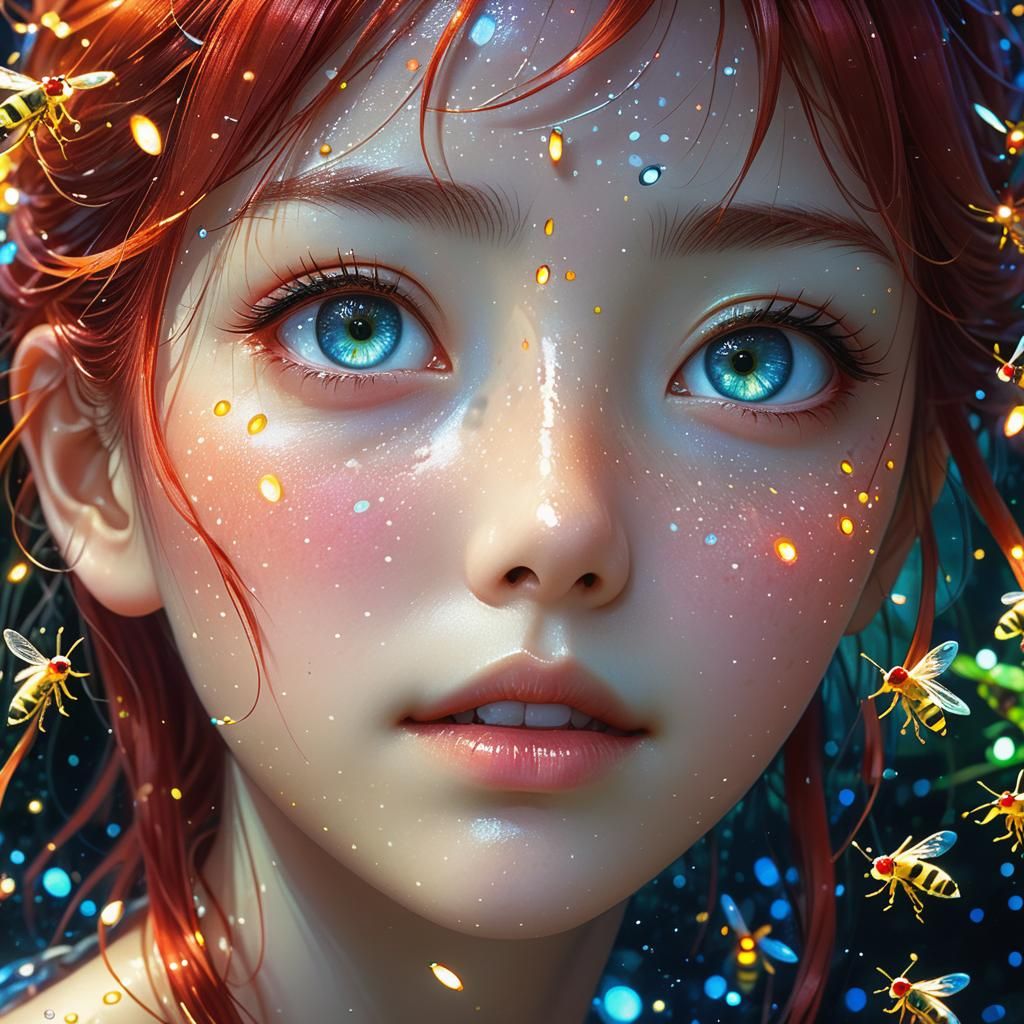 Goddess with Fireflies in Anime Style
