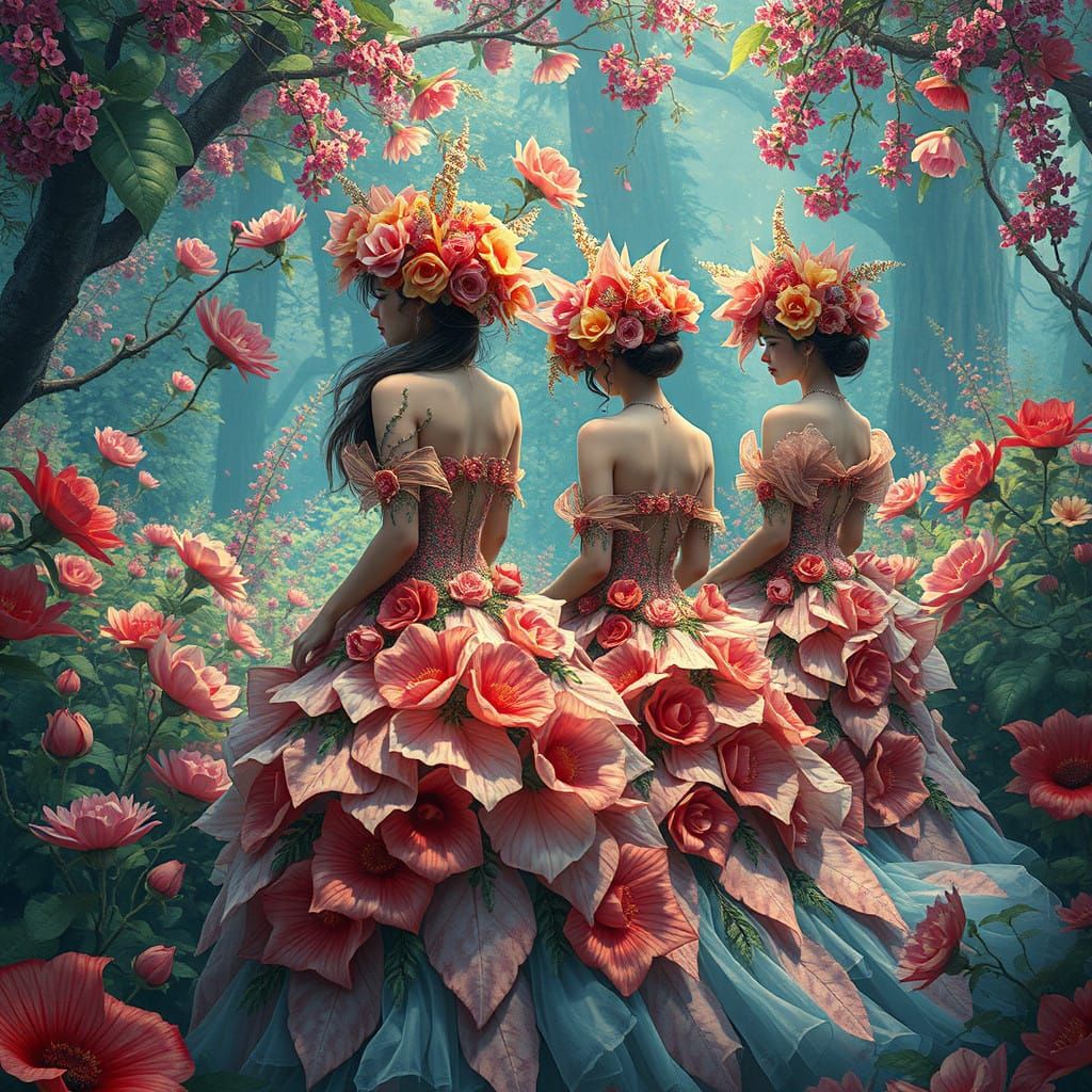 Women in Whimsical Floral Dresses Amidst Vibrant Landscapes