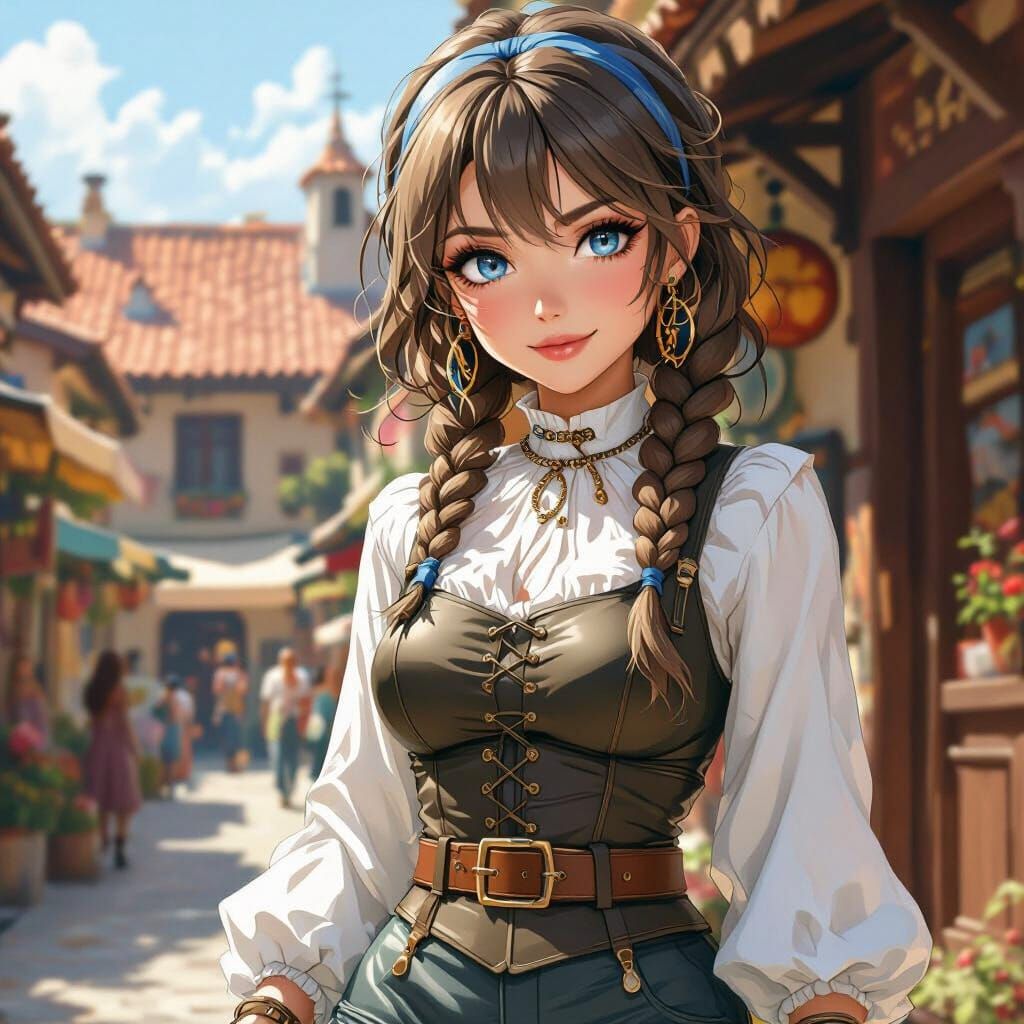 Confident Woman in Bustling European Village Street