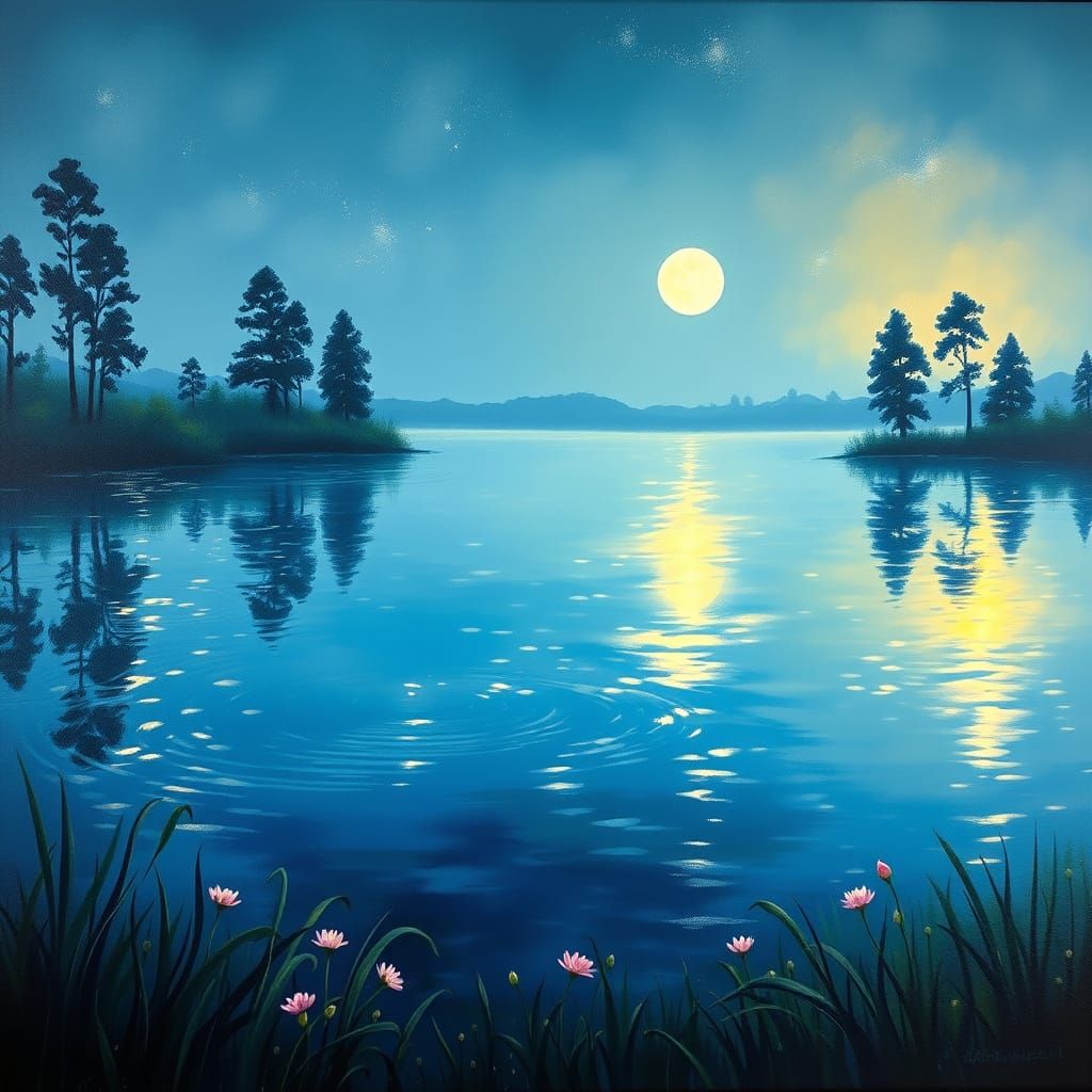 Moonlit Lake in Dreamy Impressionist Style