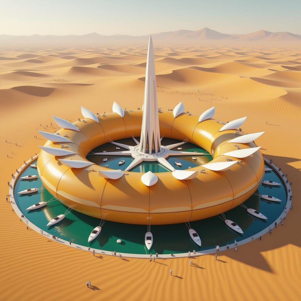 Futuristic Desert Donut Canal with Giant Turbines