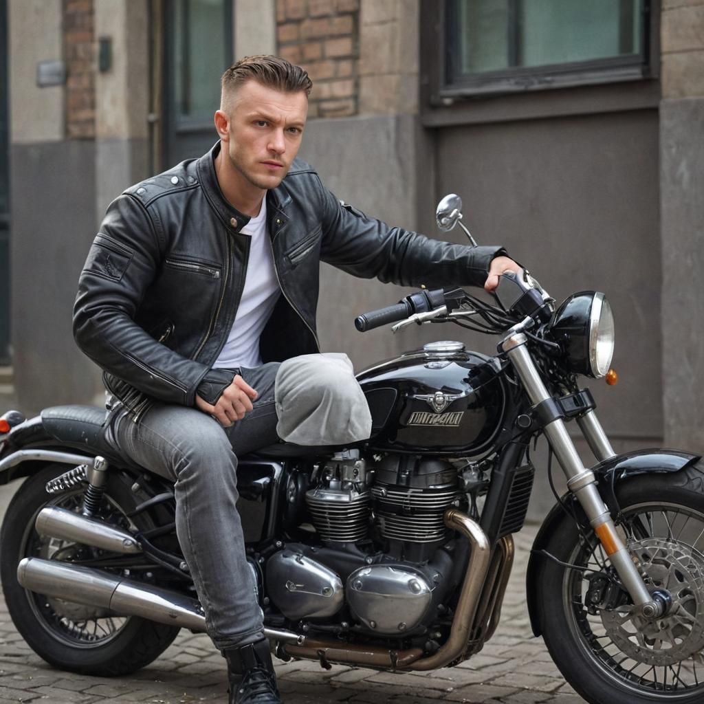 Slavic Man on Triumph Bonneville in Italian Coastal Scene