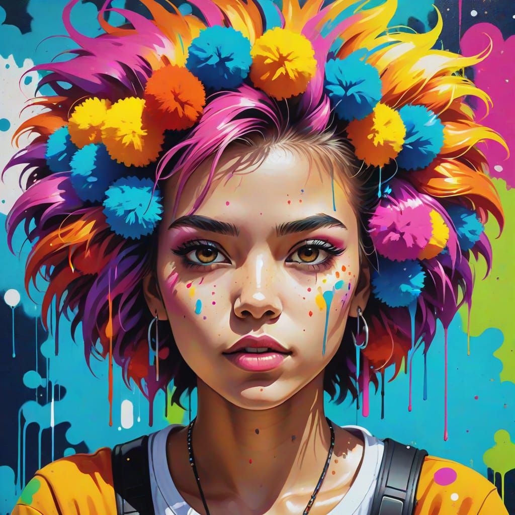 Pom-Pom Hair in Graffiti Street Art Style