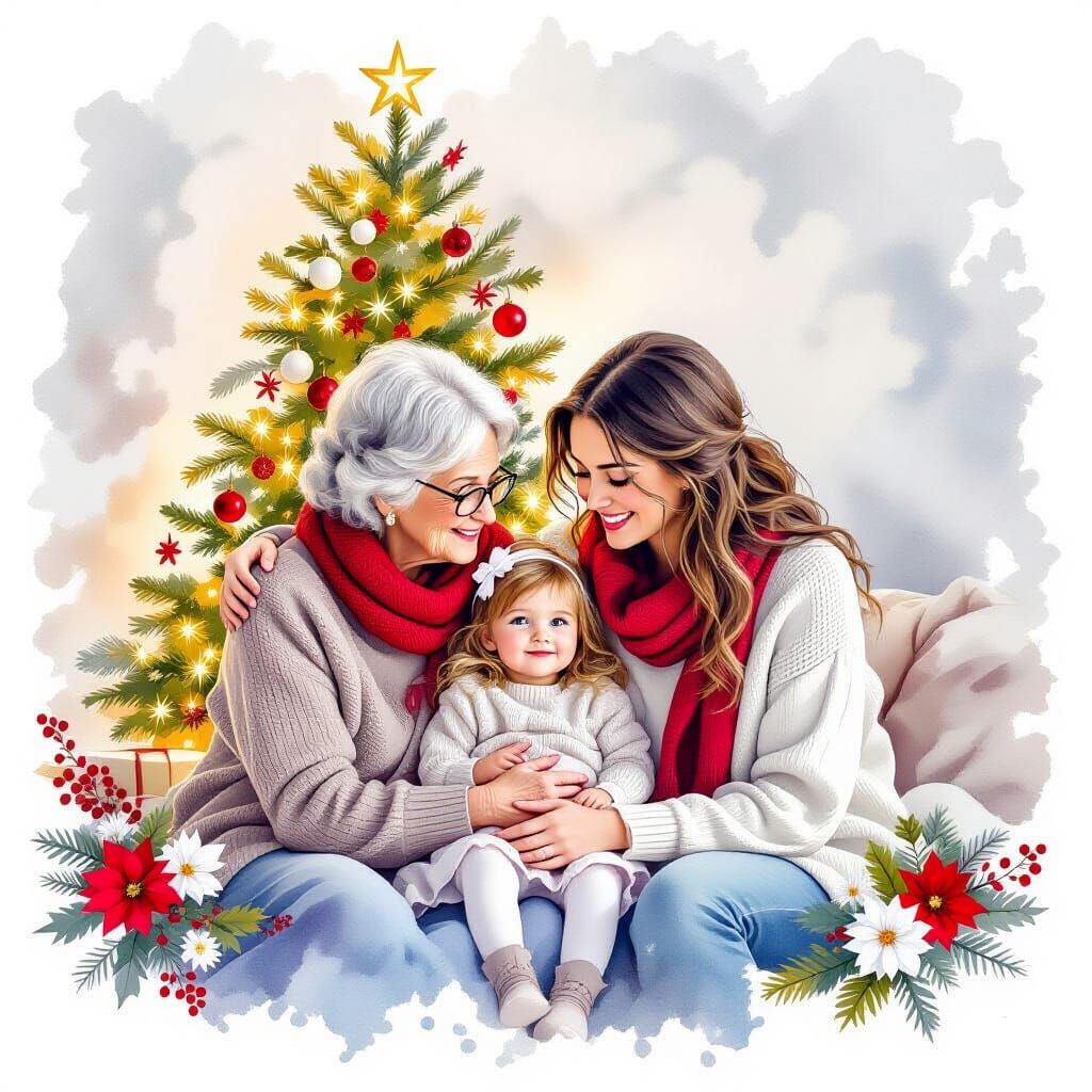 Warm Family Christmas Portrait in Watercolour