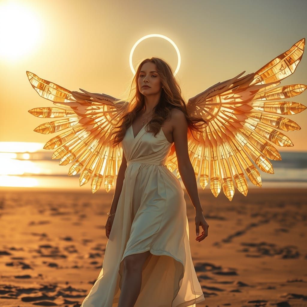 Archangel Emerges on Beach at Golden Hour