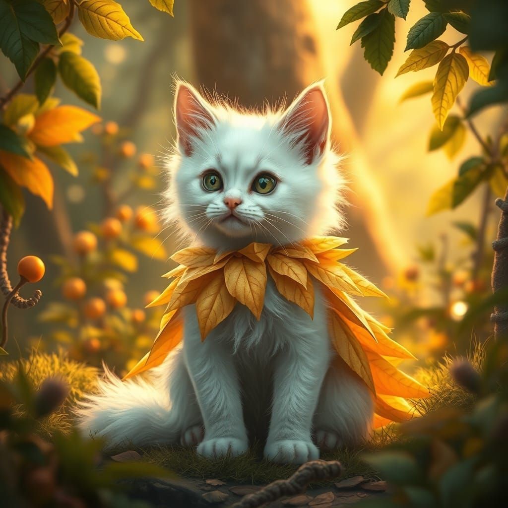 A pale-fluffy white Kitten wearing a dress of pale-yellow-or...