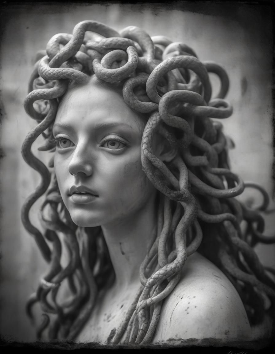 Hyperrealistic Portrait of Young Medusa in Black and White