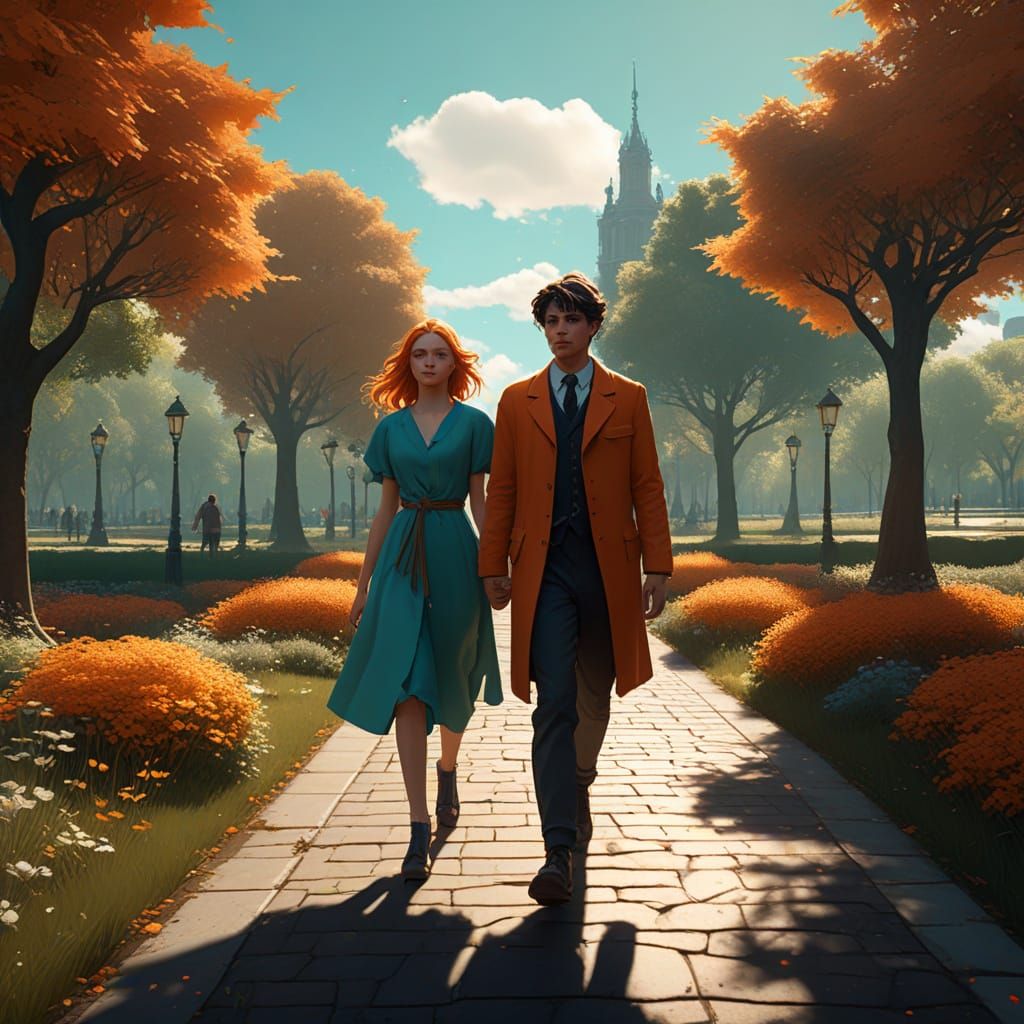 People Walking in Park, Hyperdetailed Concept Art