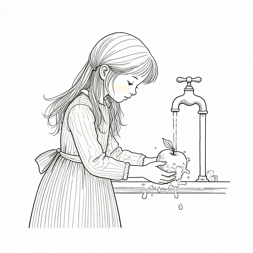 Girl Washing Apple: Minimalist Line Art Illustration