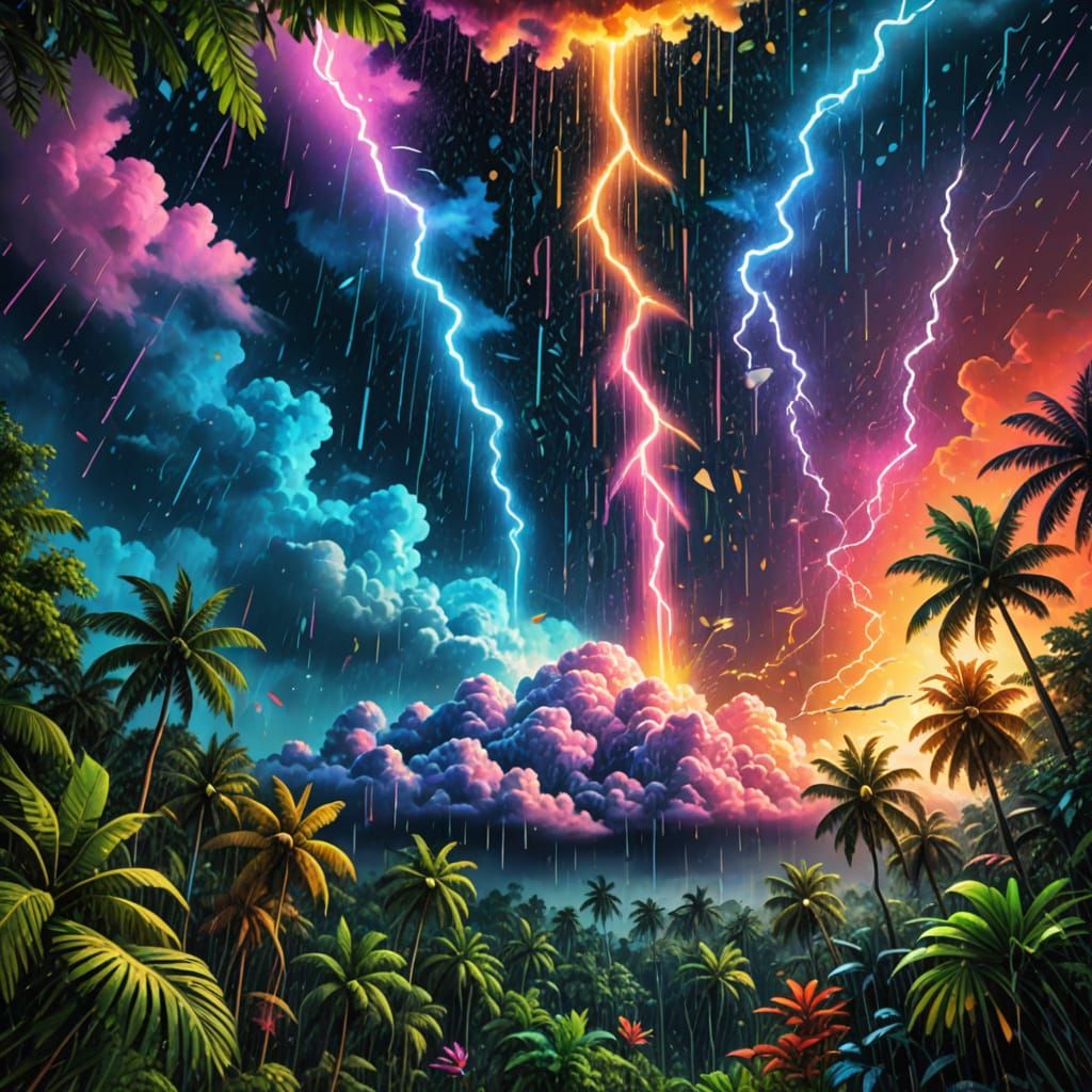 Crayon Rain Over Jungle, Astral Cosmic Illustration