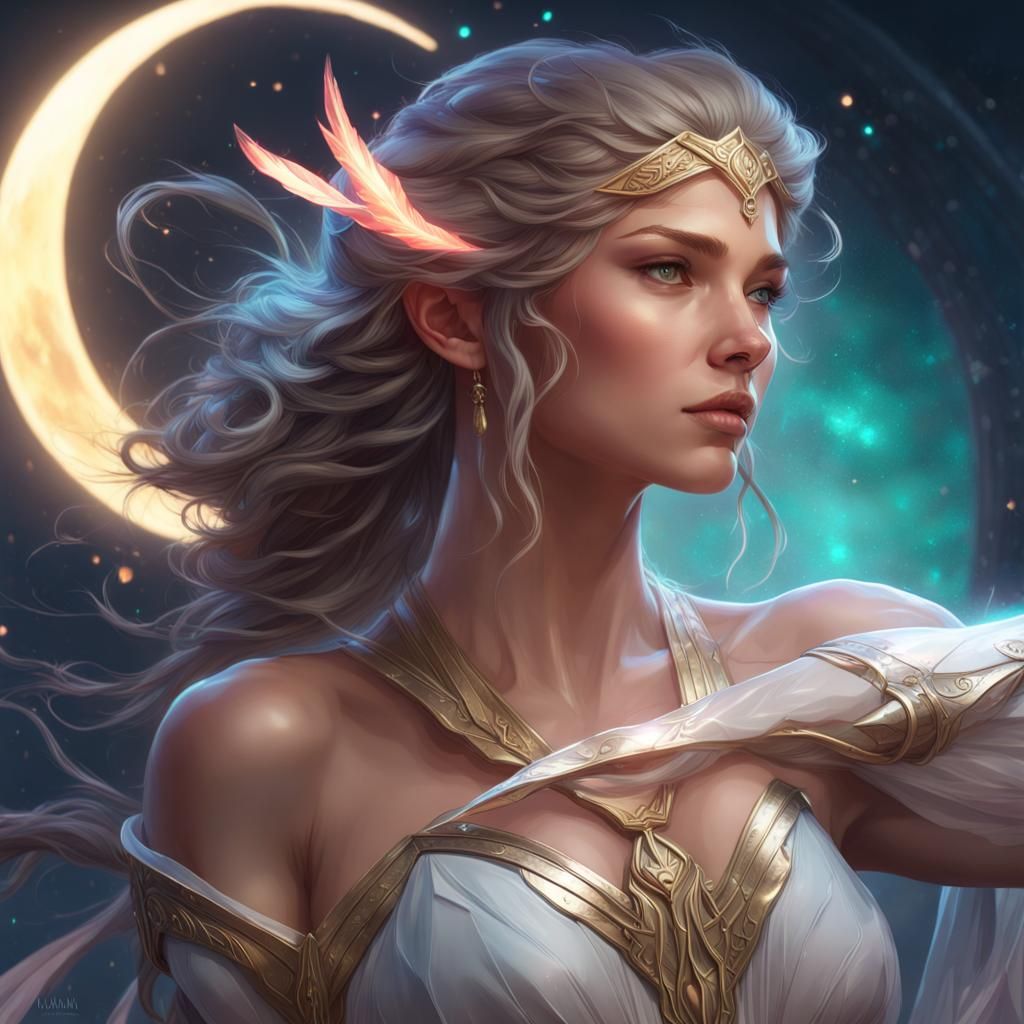 Artemis Moon Goddess Portrait in Art Nouveau Style