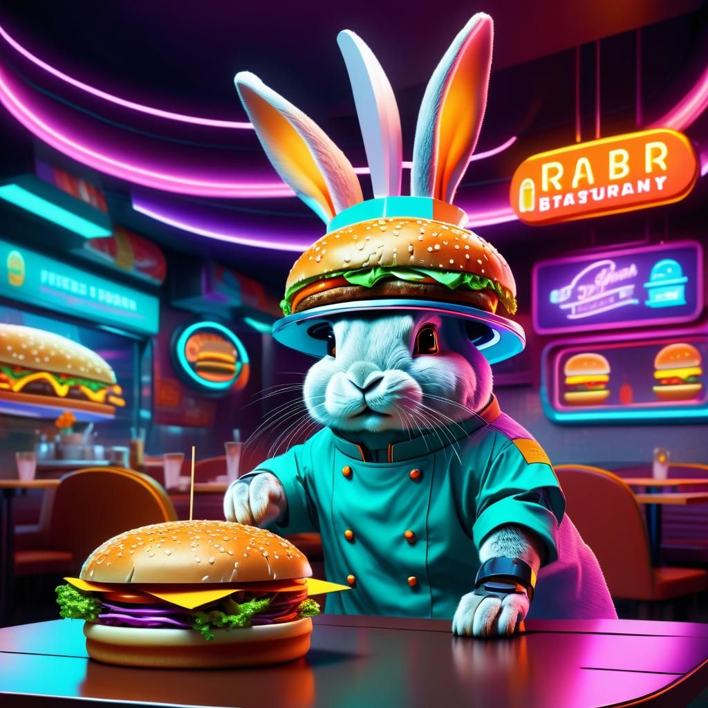 Rabbit Chef in a Futuristic Burger Restaurant