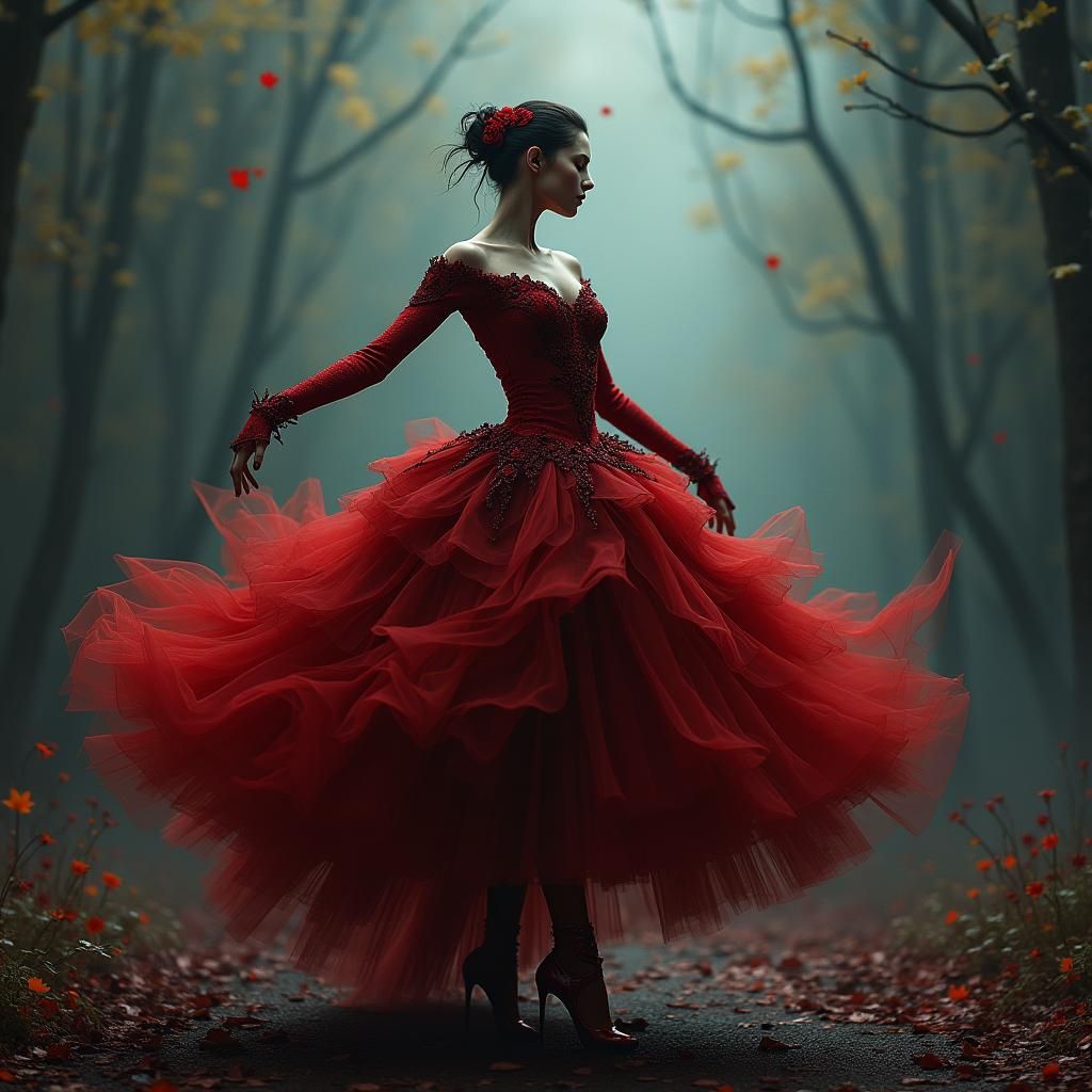 Gothic Ballerina in Red Dress: Fantasy Concept Art