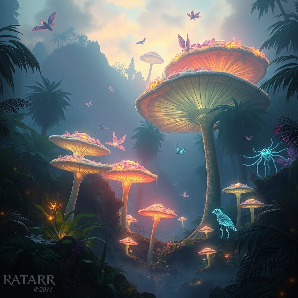 Bioluminescent Twilight Jungle With Ethereal Creatures