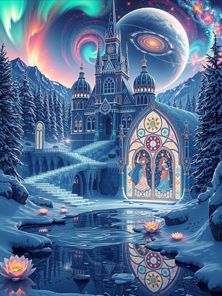 Ethereal Winter Palace with Celestial Goddesses