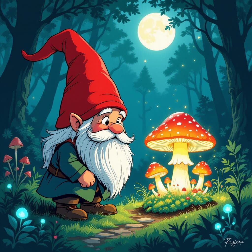 Gnome Tending Glowing Mushrooms in Moonlight Forest