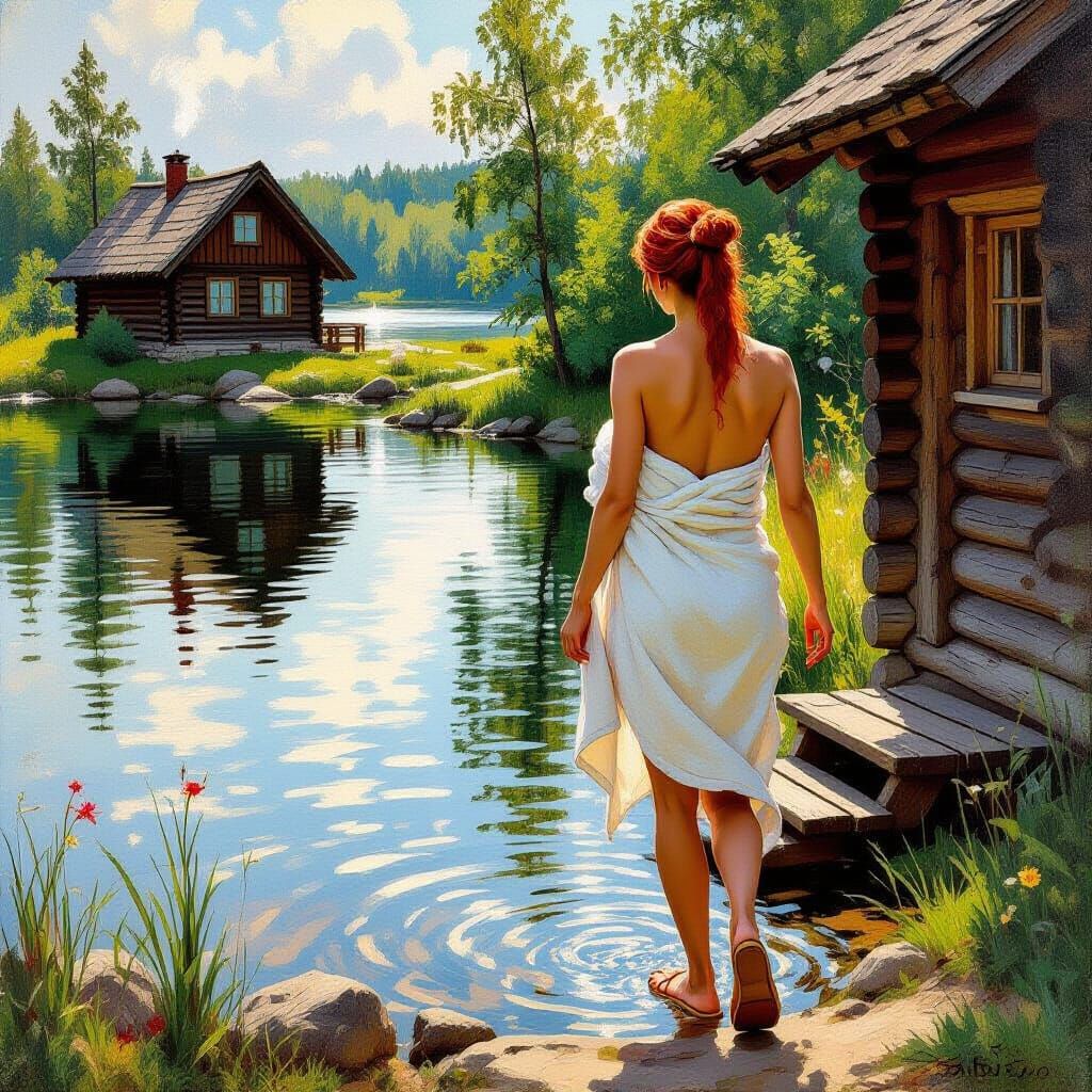 Woman Emerges from Lake in Impressionist Style