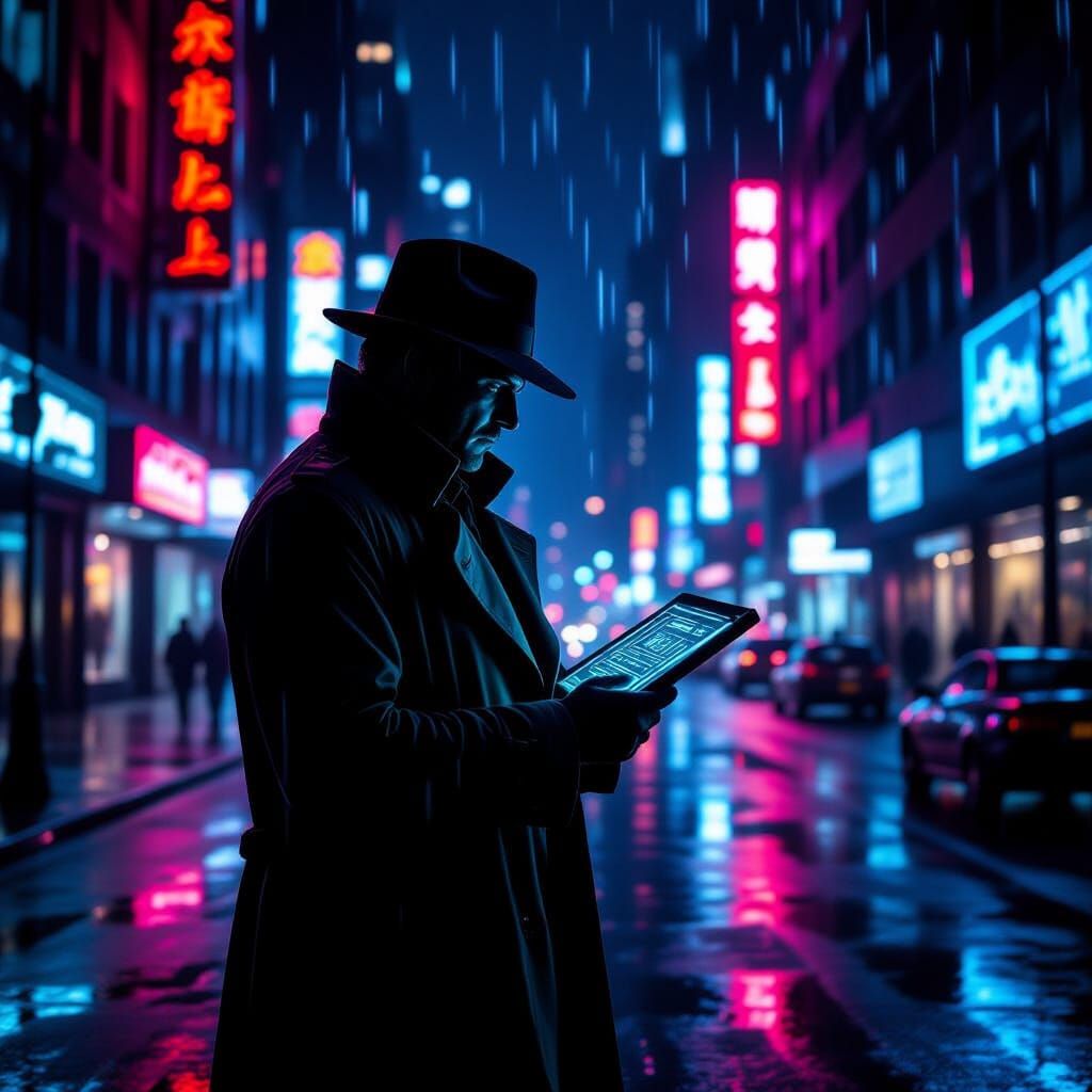 Detective in Neon Cityscape at Midnight