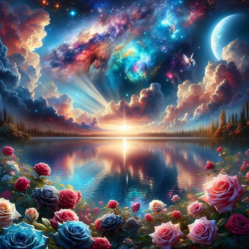 Dreamlike Lake with Black Roses and Galaxies