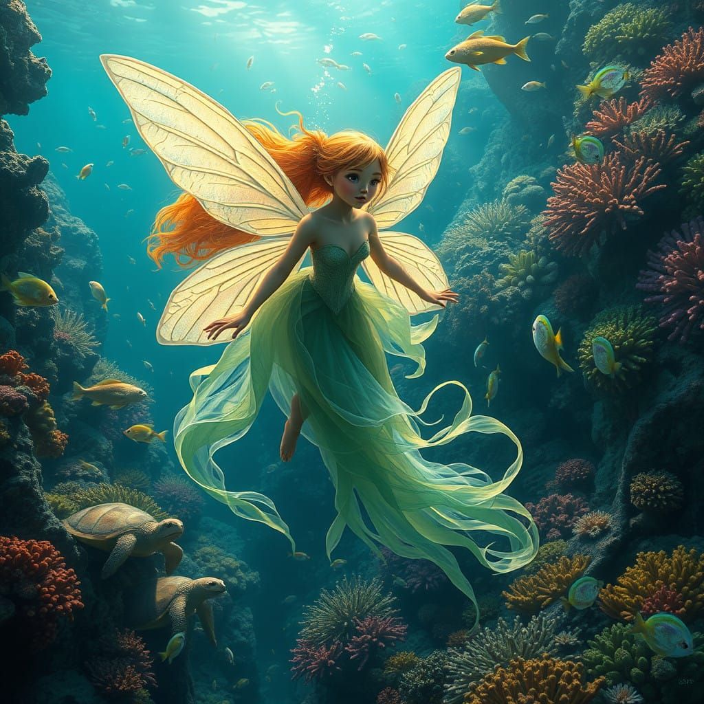 Iridescent Fairy Dances Amidst Coral Reef in Hyper-Realistic...