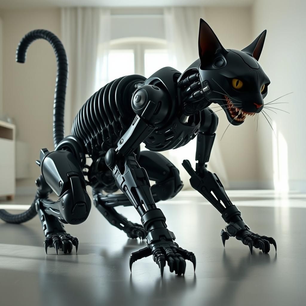 Terrifying Biomechanical Robotic Cat in Minimalist Room