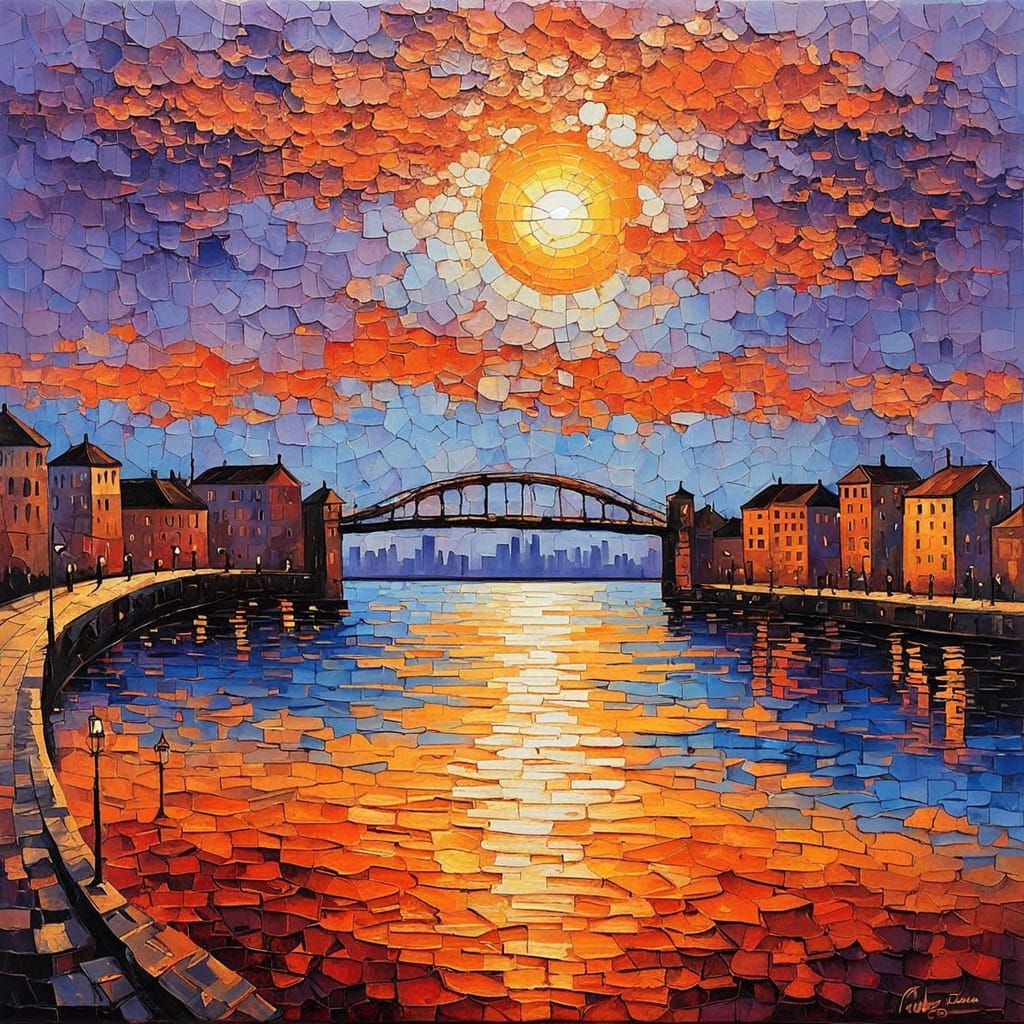 Sunset Over Water in Kintsugi Mosaic Impressionism