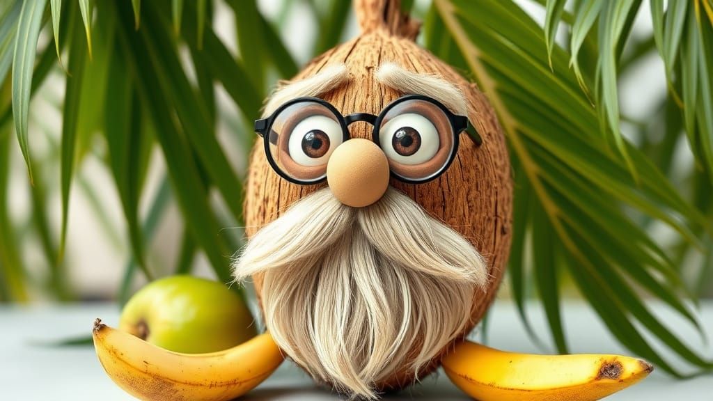 Quirky Coconut with Long Beard and Round Glasses