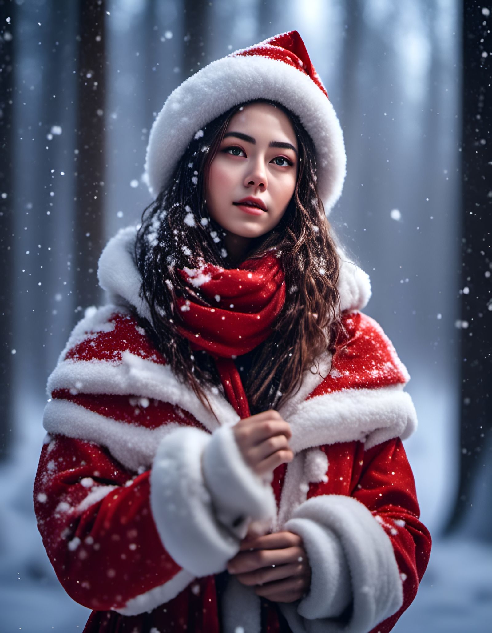 Santa Woman in Snowy Forest, Vogue Glamour