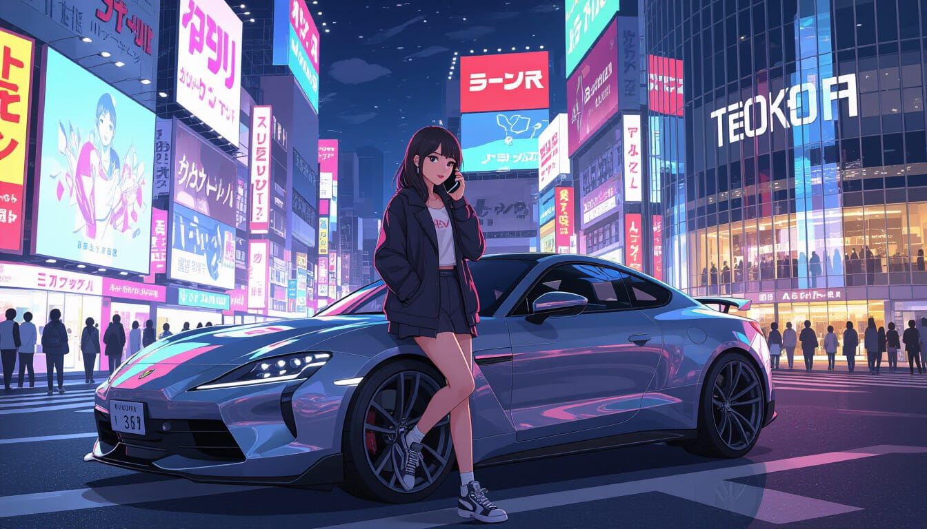 Trendy Woman on Tokyo Street, Digital Art