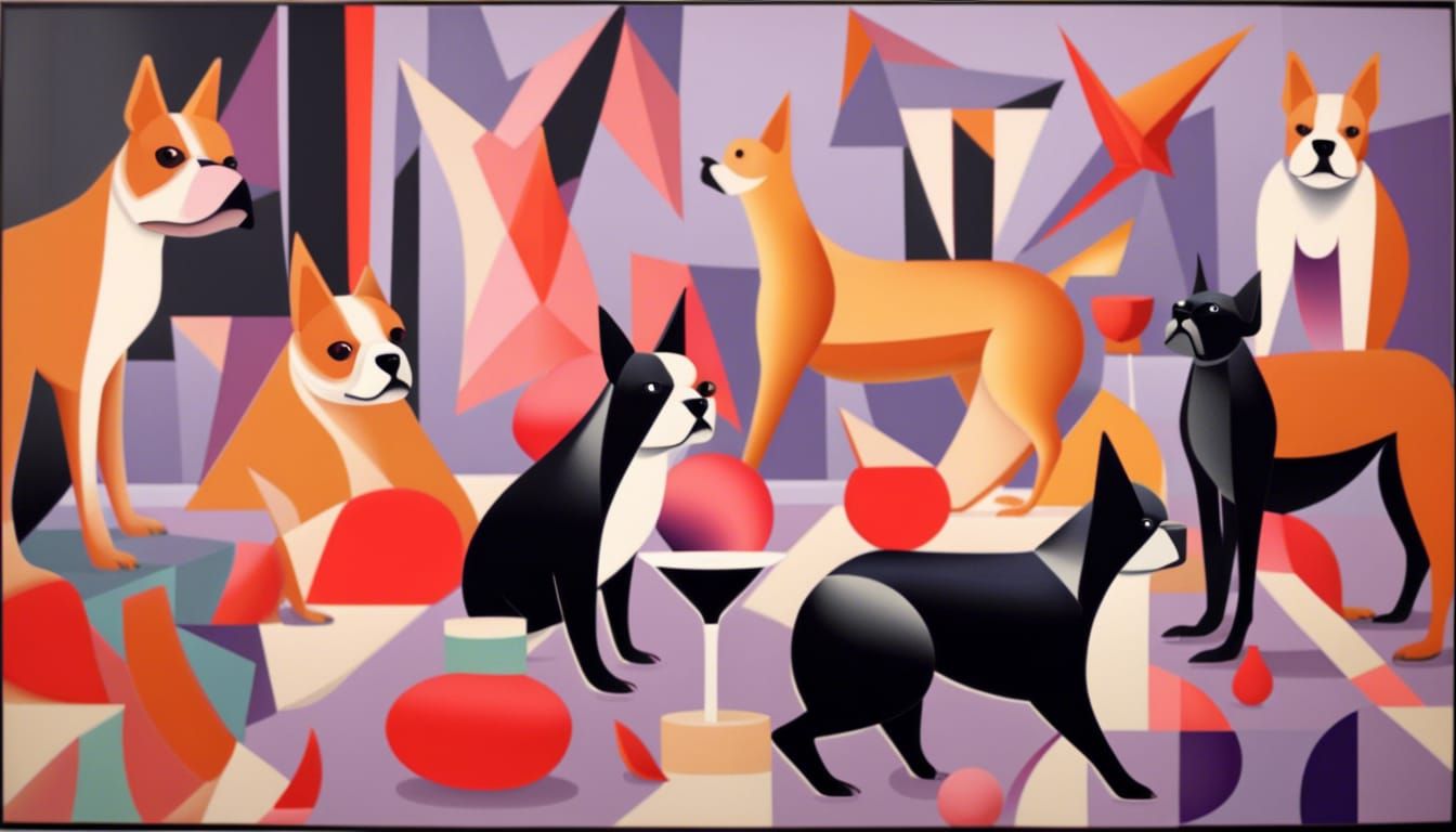 Shiba Inu and Bulldog Pool Party in Abstract Cubism