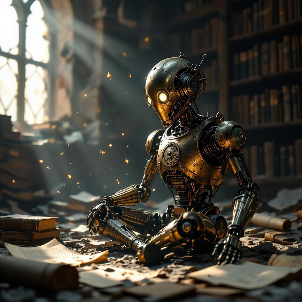 Brass Automaton in Ancient Library Ruins