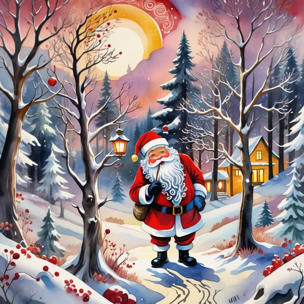 Surreal Watercolour Christmas Landscape in Vibrant, Chaotic....