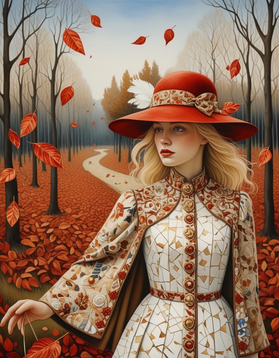 Art Nouveau Lady in Autumn Woodland