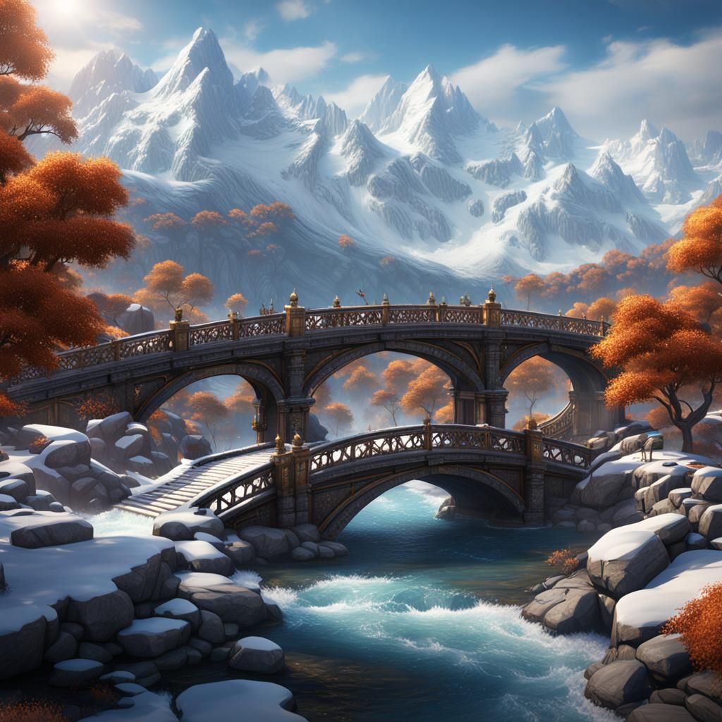 Bridge Overlooking River and Snow Mountains