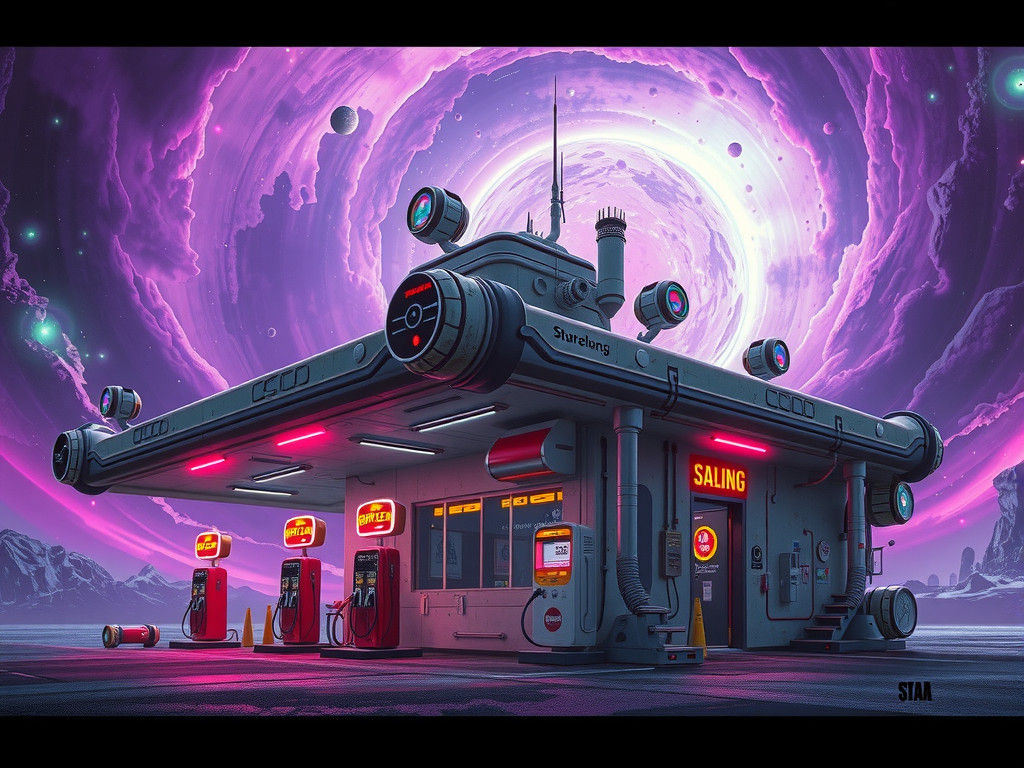 Futuristic Alien Gas Station Space Station in Retro-Futurism