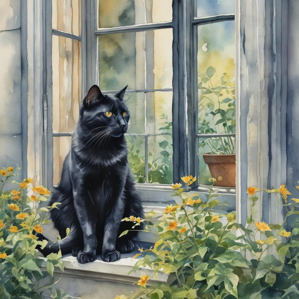 Black Cat at Window: Watercolor Summer Afternoon