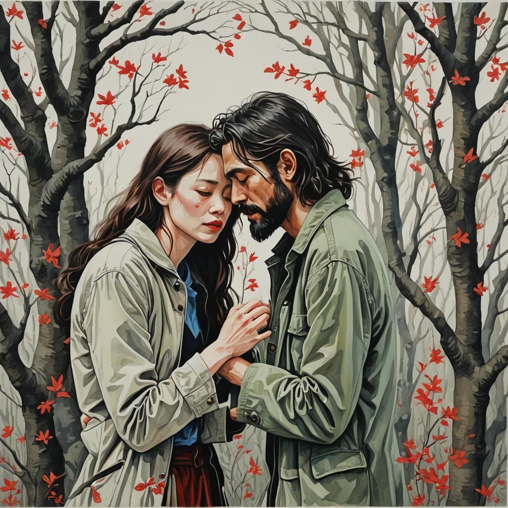 Gouache Painting of a Tangled Love Triangle