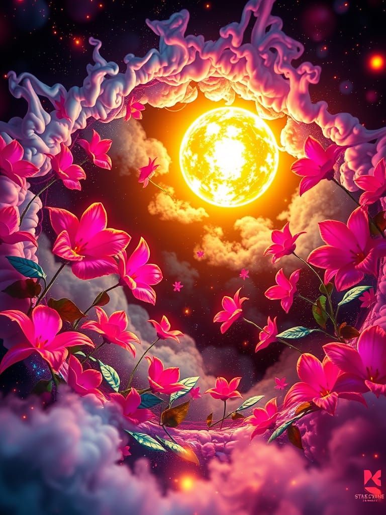 Neon Flowers in Fibonacci Spiral: Digital Art