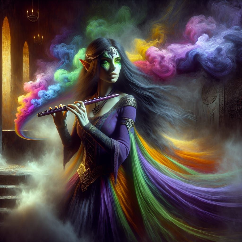 Elven Bard in Rainbow Dress, Dark Fantasy Style