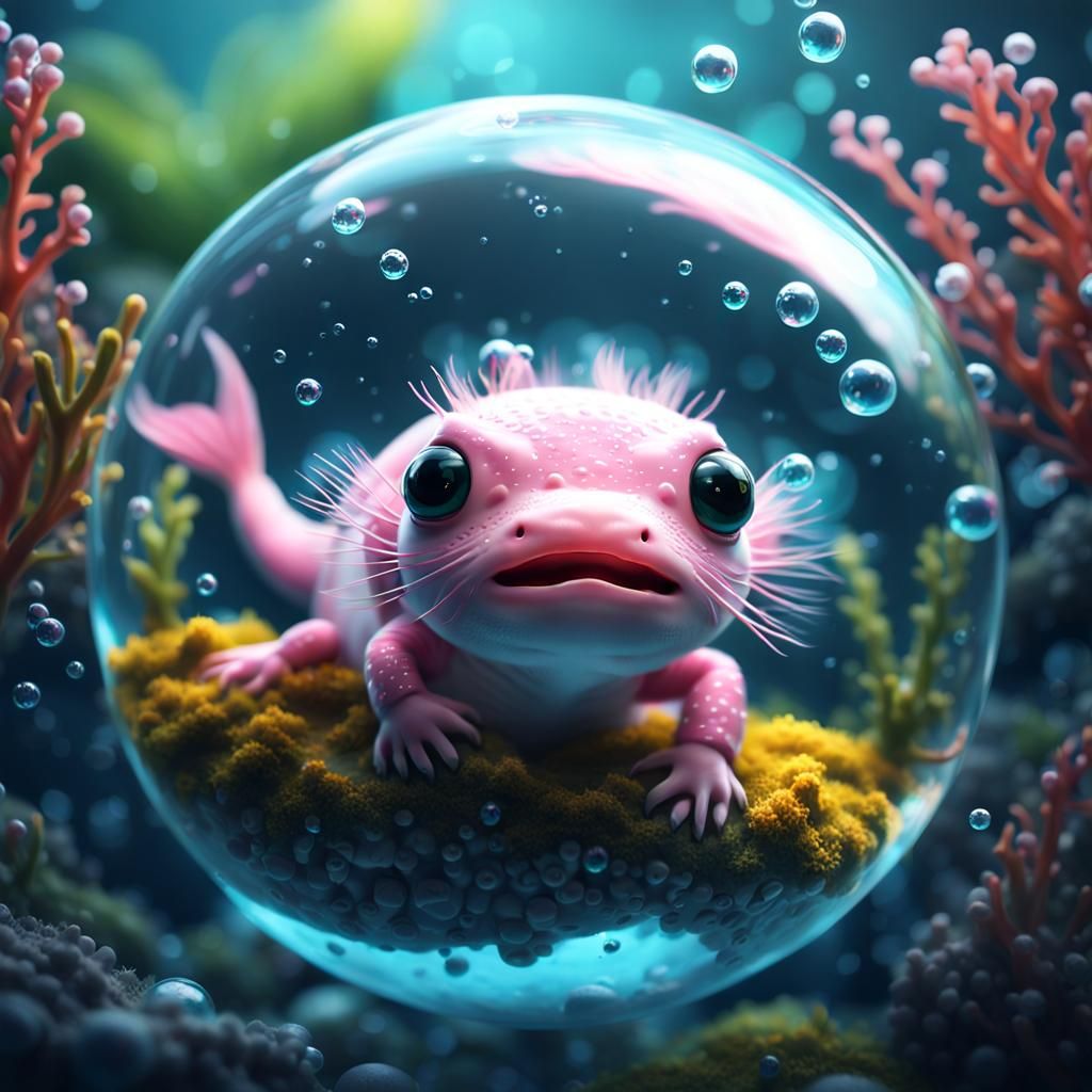 Adorable Axolotl Swimming in Bubble: Fantasy Concept Art