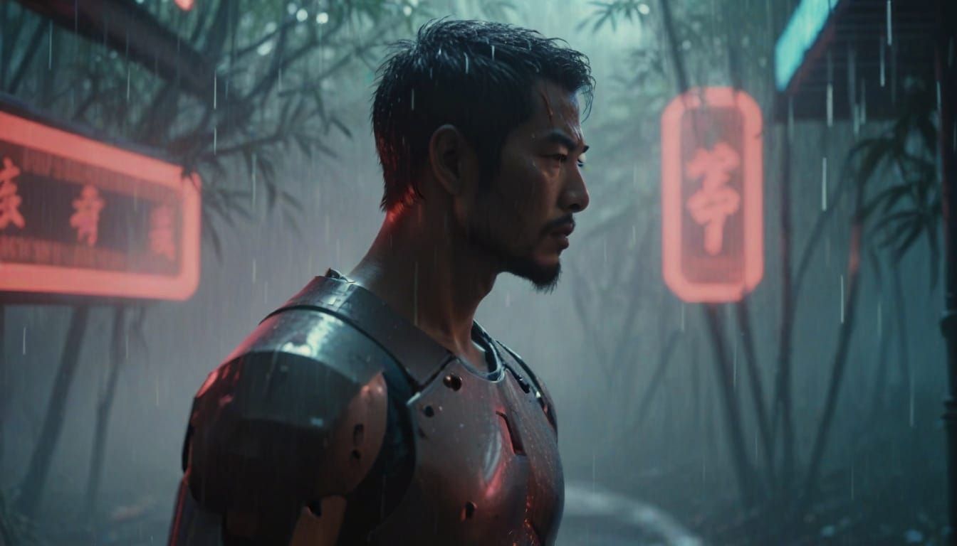 Cyborg Samurai Embodies Cyberpunk Honor in Neon-Lit Bamboo F...