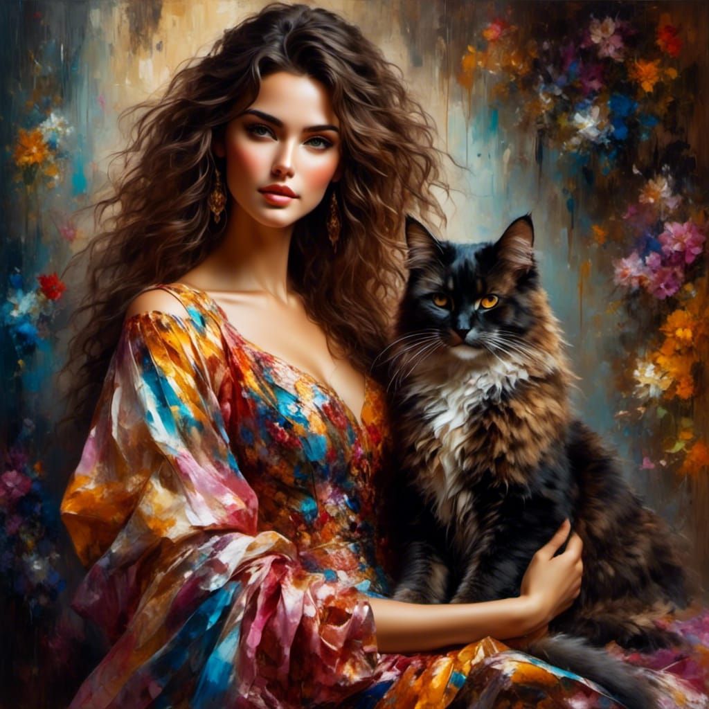 Beautiful Woman Portrait with Cat in Brush Stroke Style