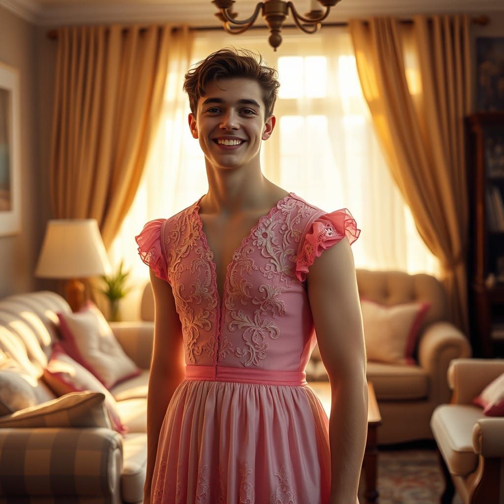Confident Young Man Embraces Feminine Style in Cozy Living R...