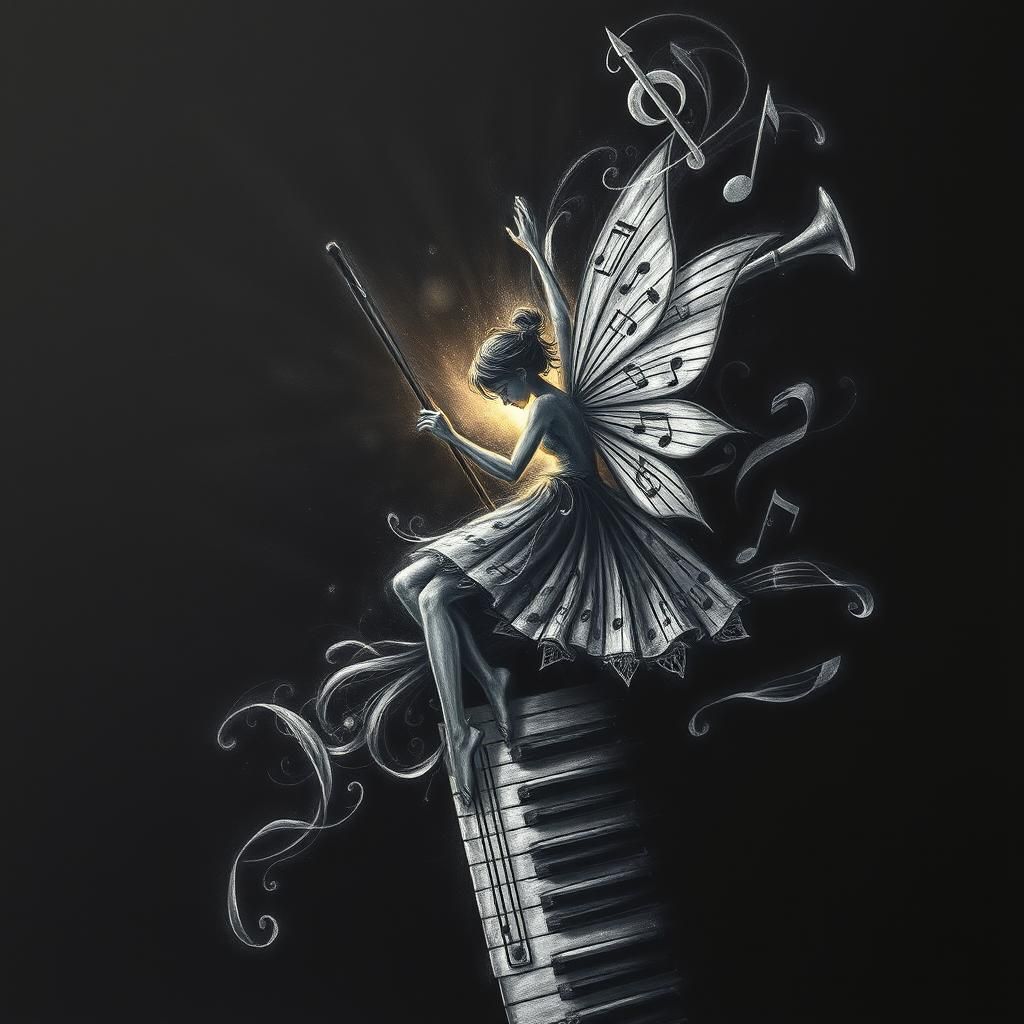 Musical Fairy in Charcoal Drawing with Ethereal Light