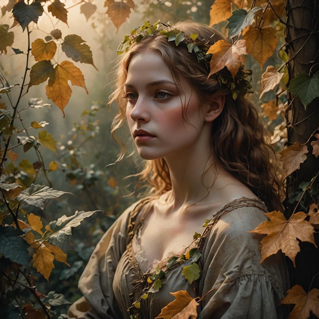 Renaissance Woman Amidst Autumnal Foliage